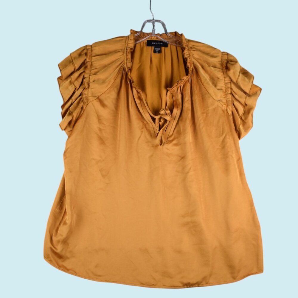 Karen Kane Top Women's Medium Autumn Gold Flutter Short Sleeve Ruffle tie Blouse